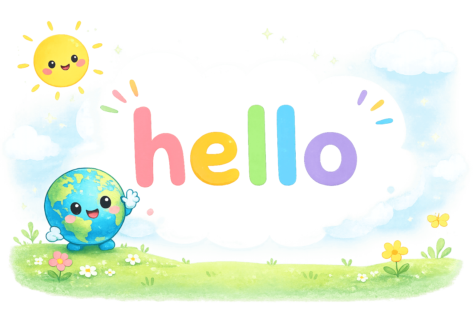 A smiling Earth waving hello in a rainbow meadow
